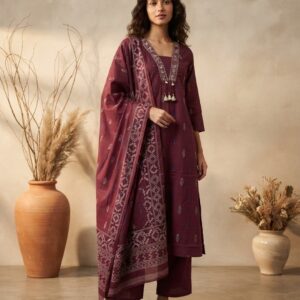 Pranisha Women's Wine Ethnic Printed Straight Kurta with Palazzos & Dupatta (3-Piece Set)