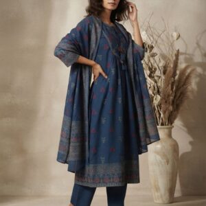 Pranisha Women's Blue Ethnic Motif Printed A-Line Kurta with Straight Pants & Dupatta (3-Piece Set)