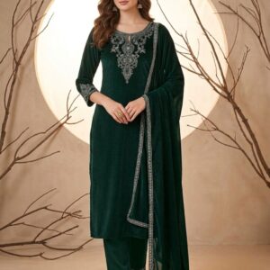 Pranisha Women's Green Velvet Embroidered Straight Kurta Set with Pants & Dupatta